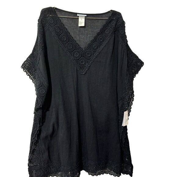 La Blanca Women's Tunic Swim Cover-Up Black Large Solid Short Sleeve V-Neck - Picture 2 of 10